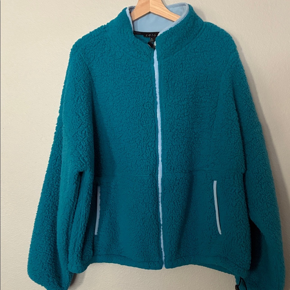 ZELOS Turquoise Fleece Jacket with Sky Blue Details Size XL